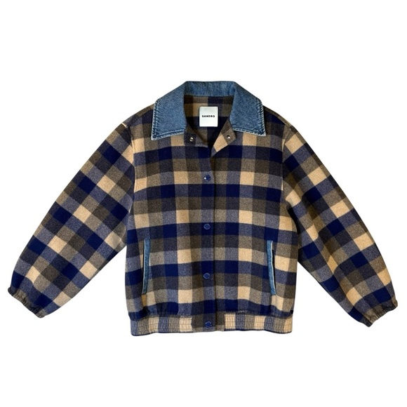 Sandro Jackets & Blazers - Sandro France Parisian-inspired Blue Checked Wool Denim Short Coat Sz French 36